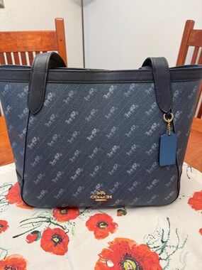 Coach Blue Signature Canvas Tote with Leather Trim